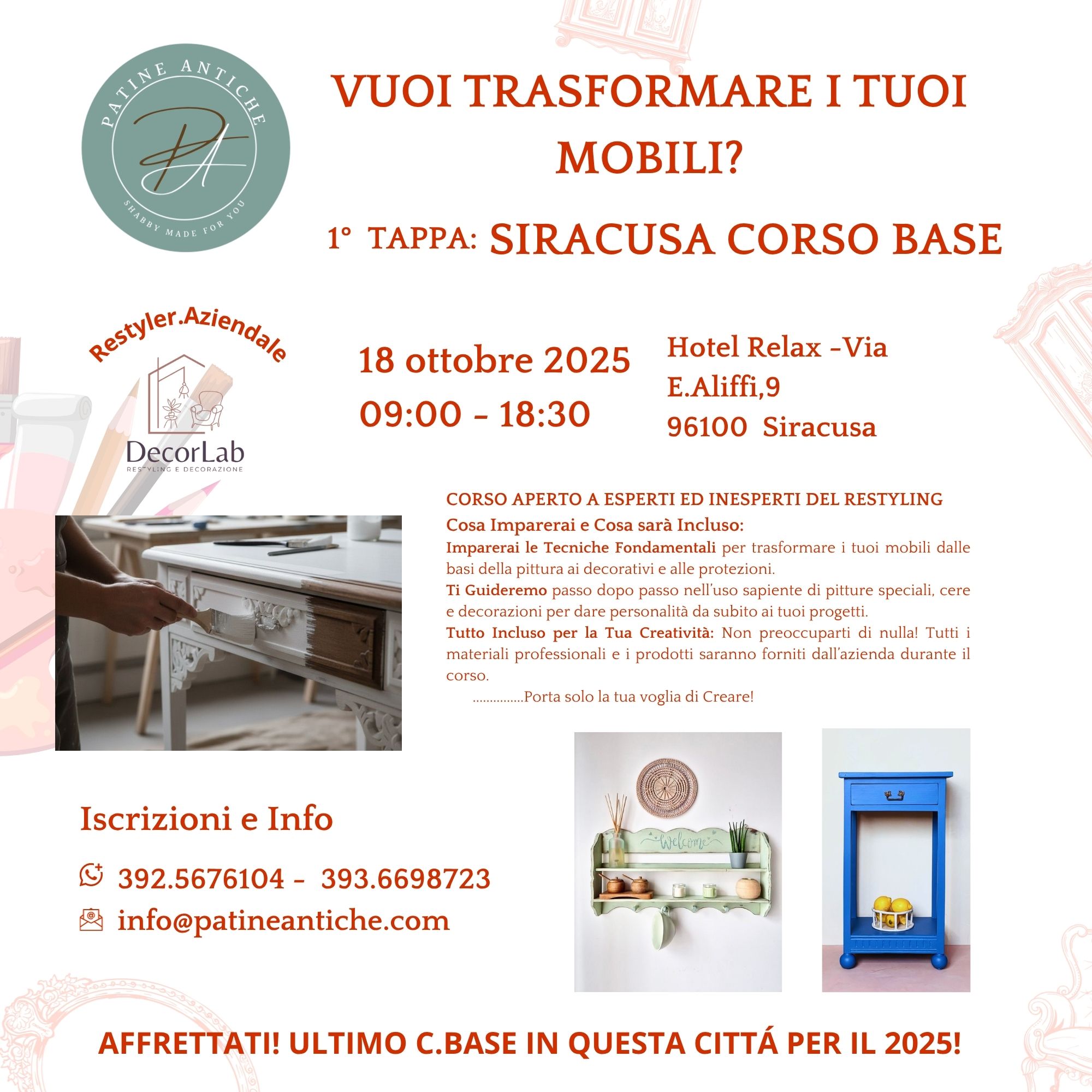 corso base di restyling del mobile 18 ottobre 2025 siracusa edizione itinerante €150.00 acconto iscrizione corso base di restyling del mobile 18 ottobre 2025 siracusa edizione itinerante €150.00 acconto iscrizione